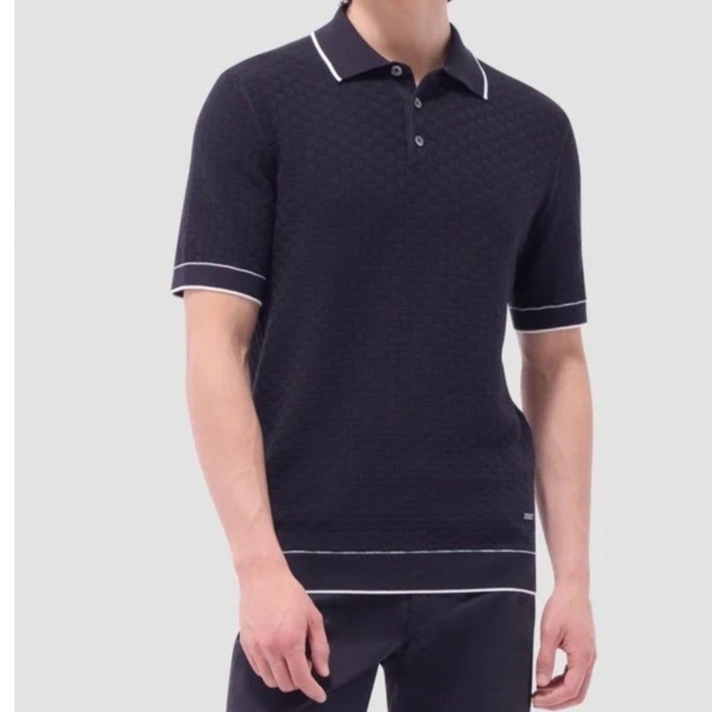 Bugatchi Johnny Collar Basket Stitch Cotton Blend Polo Sweater Black Size XL